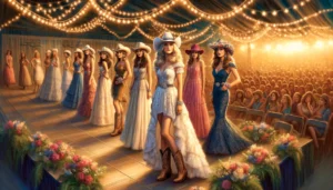 Farm and Ranch Beauty Pageant -- A vivid and detailed wide closeup illustration of contestants at the Farm and Ranch Beauty Pageant, focusing on their country-style elegance4