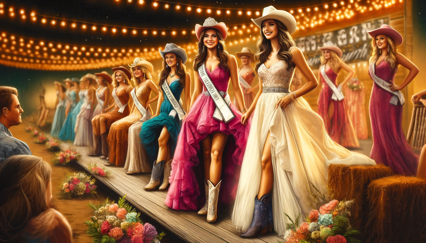 Farm and Ranch Beauty Pageant -- A vivid and detailed wide closeup illustration of contestants at the Farm and Ranch Beauty Pageant, focusing on their country-style elegance4