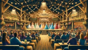 Farm and Ranch Beauty Pageant -- A vivid and detailed wide illustration of a Farm and Ranch Beauty Pageant, set in a rustic barn converted into a festive venue. The scene fe2