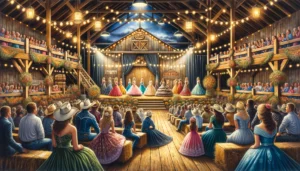 Farm and Ranch Beauty Pageant -- A vivid and detailed wide illustration of a Farm and Ranch Beauty Pageant, set in a rustic barn converted into a festive venue. The scene fe2